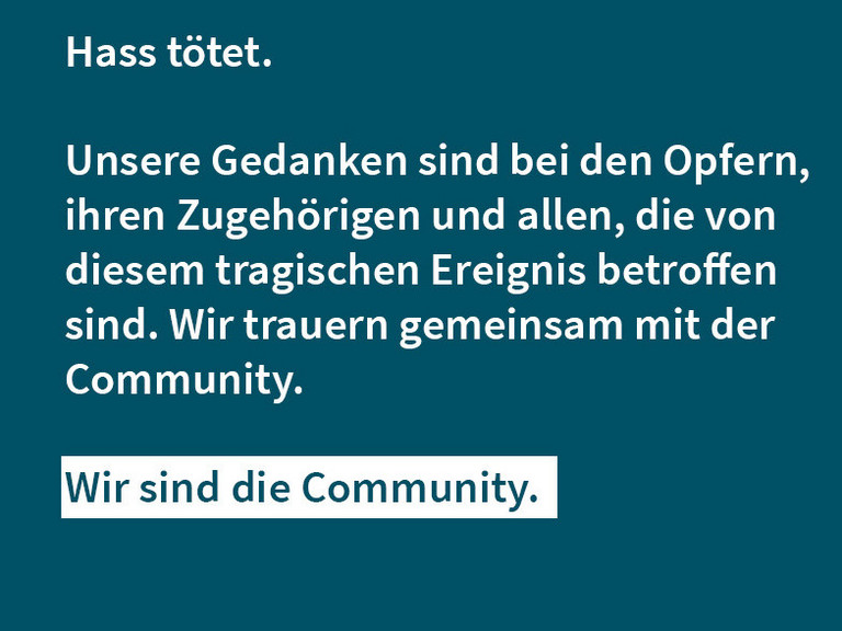 Das in Regenbogenfarben eingefärbte Kreuzbandlogo der Immanuel Albertinen Diakonie und ein Text: "Hass tötet. Unsere Gedanken sind bei den Opfern, ihren Zugehörigen und allen, die von diesem tragischen Ereignis betroffen sind. Wir trauern gemeinsam mit der Community. Wir sind die Community."
